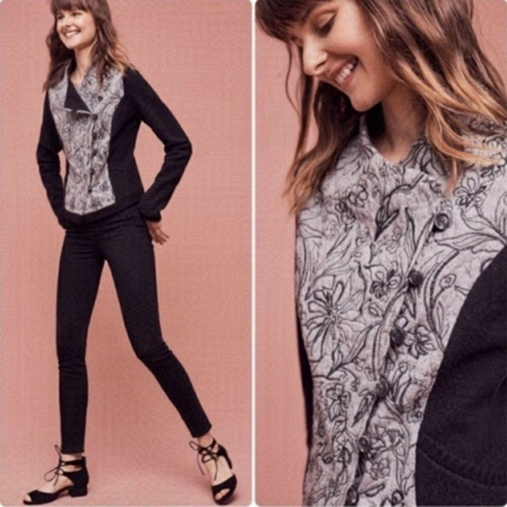 ANTHROPOLOGIE Knitted + Knotted Embroidered Sweater Bomber Jacket Sz XS - Picture 1 of 8